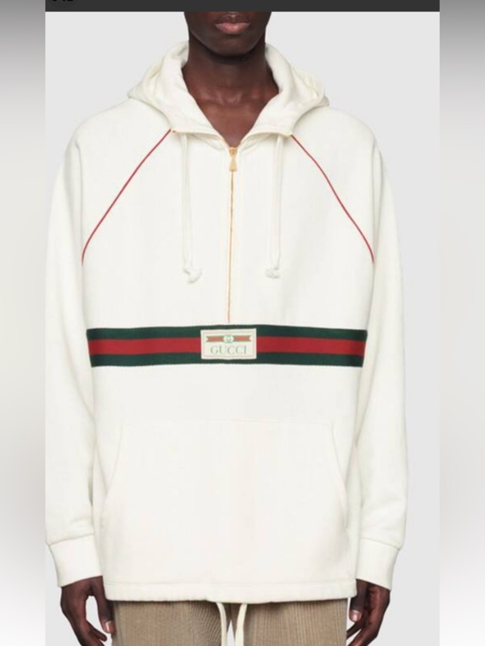 Men's Gucci cotton half zip hoodie signature green/red web trim gold  size XXL